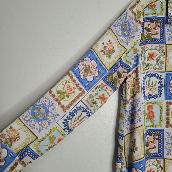 Rose + Olive flower square print vintage vibe button front long sleeve Size L - Picture 3 of 8
